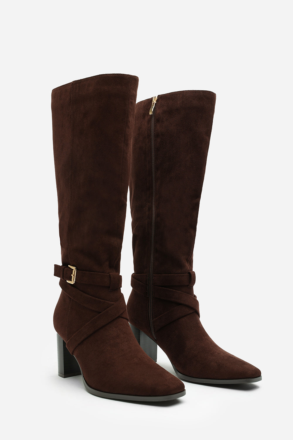 Isadora Dark Brown Suede Buckle Strap Knee High Boots with Block Heel and Pointed Toe