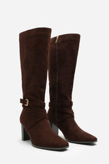 Isadora Dark Brown Suede Buckle Strap Knee High Boots with Block Heel and Pointed Toe