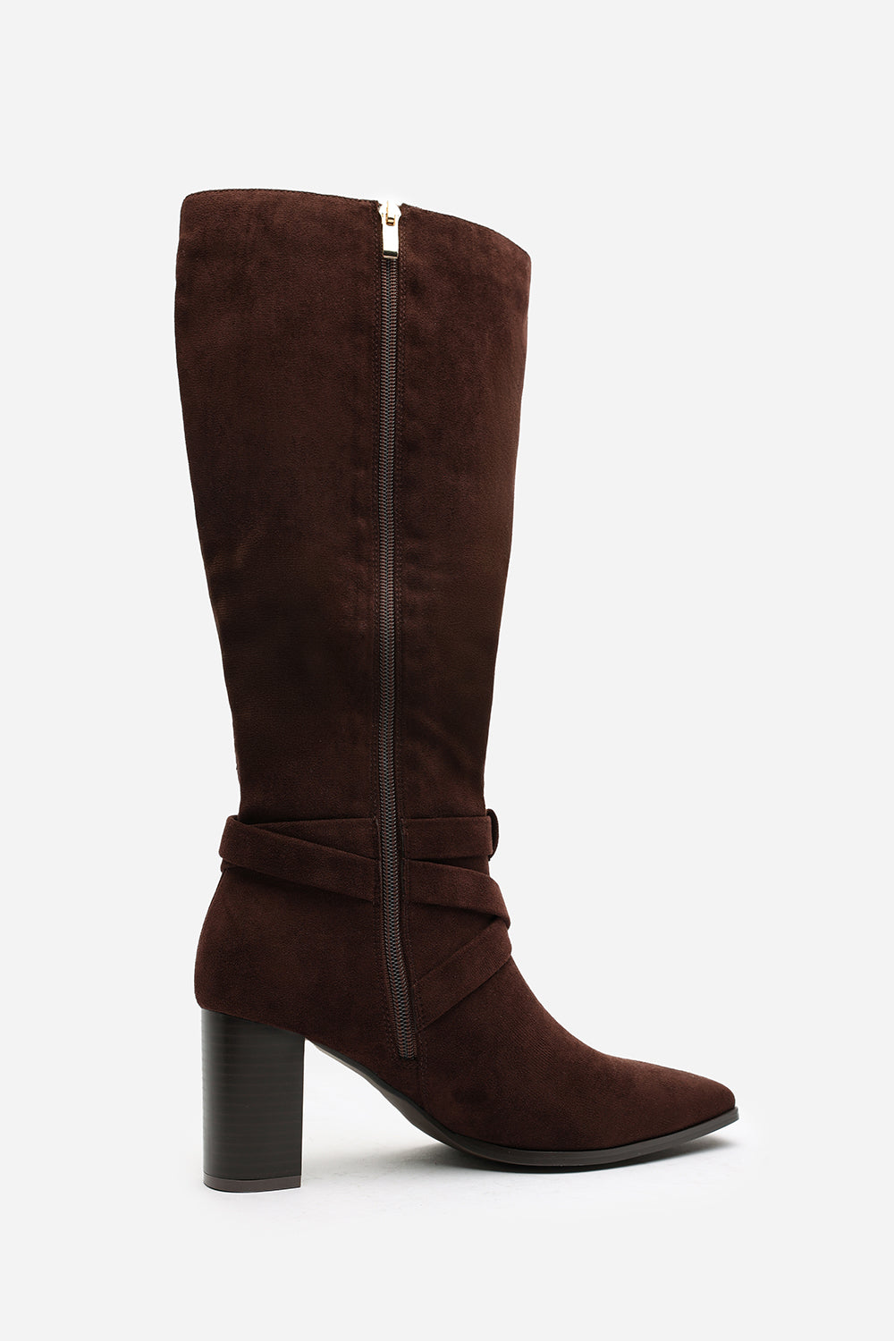 Isadora Dark Brown Suede Buckle Strap Knee High Boots with Block Heel and Pointed Toe