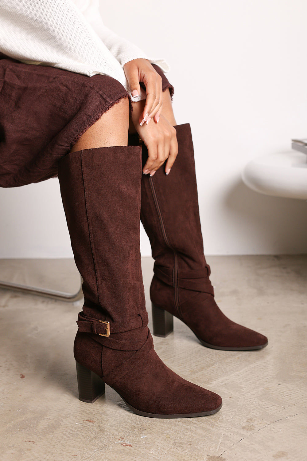 Isadora Dark Brown Suede Buckle Strap Knee High Boots with Block Heel and Pointed Toe