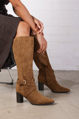 Isadora Khaki Suede Buckle Strap Knee High Boots with Block Heel and Pointed Toe