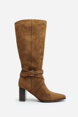 Isadora Khaki Suede Buckle Strap Knee High Boots with Block Heel and Pointed Toe