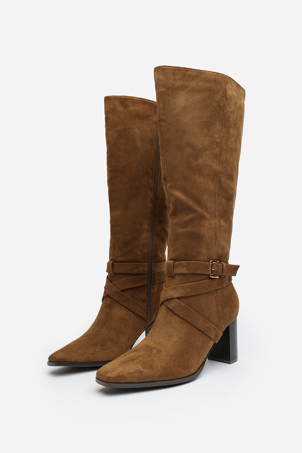 Isadora Khaki Suede Buckle Strap Knee High Boots with Block Heel and Pointed Toe