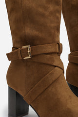 Isadora Khaki Suede Buckle Strap Knee High Boots with Block Heel and Pointed Toe