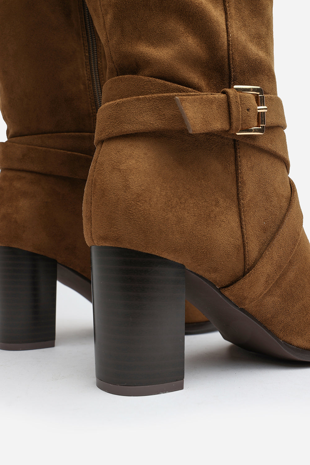Isadora Khaki Suede Buckle Strap Knee High Boots with Block Heel and Pointed Toe