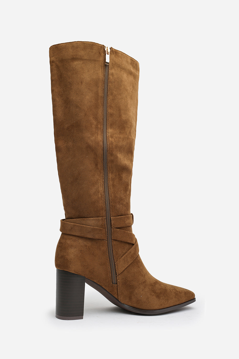 Isadora Khaki Suede Buckle Strap Knee High Boots with Block Heel and Pointed Toe