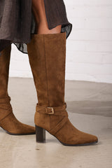 Isadora Khaki Suede Buckle Strap Knee High Boots with Block Heel and Pointed Toe
