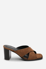 Livana Crossover Strap Block Heel Sandal in Cognac Suede
