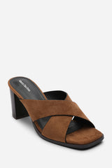 Livana Crossover Strap Block Heel Sandal in Cognac Suede