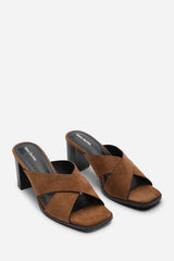 Livana Crossover Strap Block Heel Sandal in Cognac Suede
