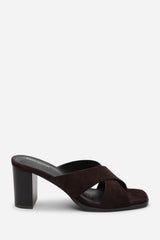 Livana Crossover Strap Block Heel Sandal in Dark Brown Suede