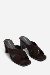 Livana Crossover Strap Block Heel Sandal in Dark Brown Suede