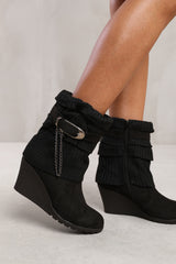 BRYONY WEDGE HEEL SLOUCHY ANKLE BOOTS WITH KNITTED COLLAR IN BLACK FAUX SUEDE