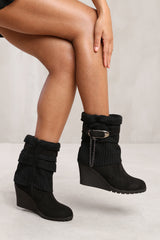 BRYONY WEDGE HEEL SLOUCHY ANKLE BOOTS WITH KNITTED COLLAR IN BLACK FAUX SUEDE