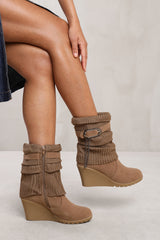 BRYONY WEDGE HEEL SLOUCHY ANKLE BOOTS WITH KNITTED COLLAR IN KHAKI FAUX SUEDE