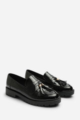 Oreliax Girl's School Shoe Chunky Tassel Trim Detail Patent Loafers