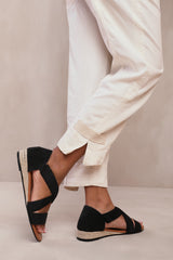 HUMMINGBIRD EXTRA WIDE FIT LOW WEDGE SHOES WITH CROSS OVER STRAP IN BLACK SUEDE