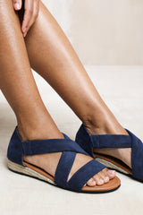 Isabelle Extra Wide Fit Low Wedge Sandals in Navy Suede