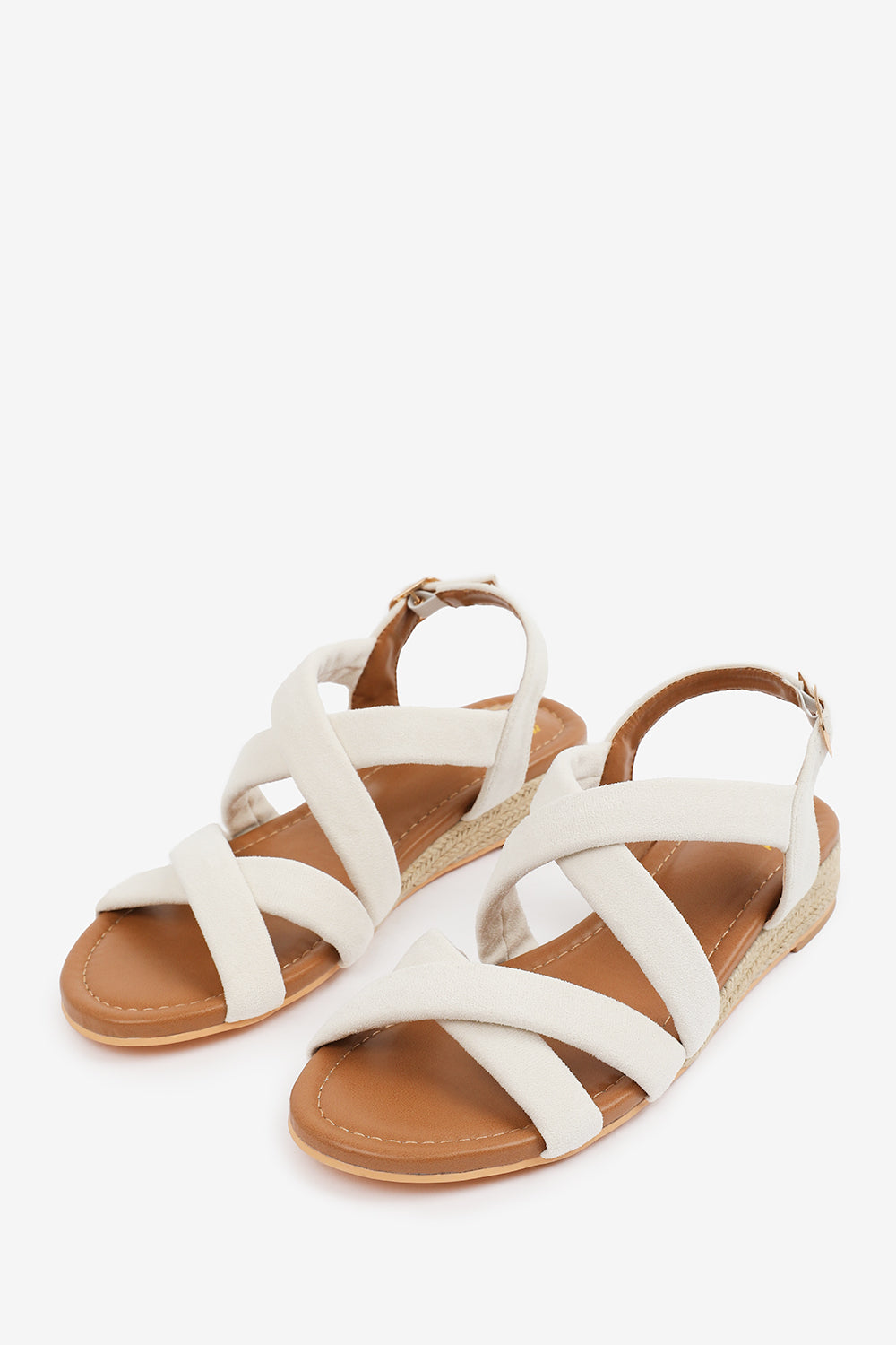 VIOLET WIDE FIT LOW WEDGE SHOES WITH BUCKLE CLOSURE & CROSS OVER STRAP IN CREAM SUEDE