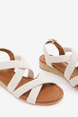 Ivelia Cross Over Strappy Espadrille Low Wedge Sandals in Cream Suede