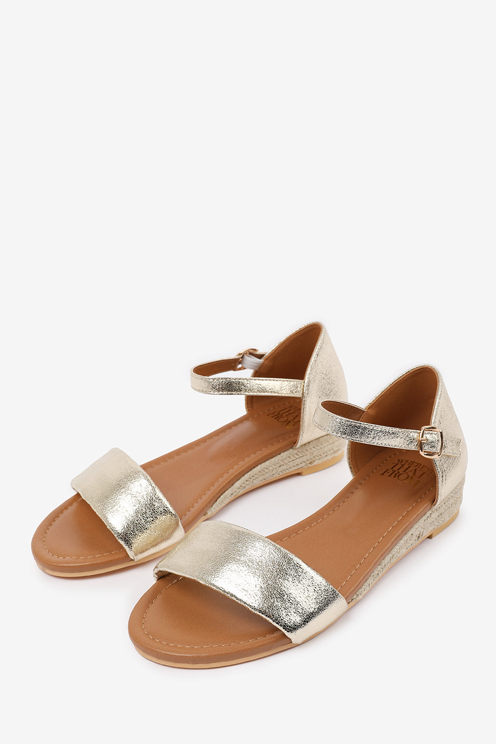 Rovena Gold Metallic Two Strap Espadrille Low Wedge Sandals