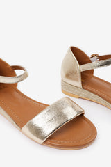 Rovena Gold Metallic Two Strap Espadrille Low Wedge Sandals