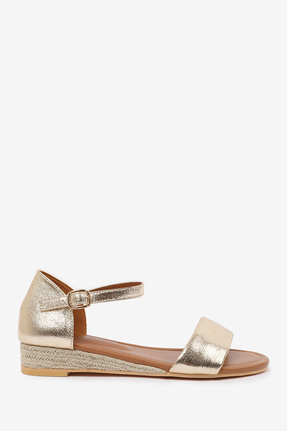 ELEANOR WIDE FIT LOW WEDGE SHOES WITH ADJUSTABLE ANKLE STRAP IN GOLD METALLIC FAUX LEATHER