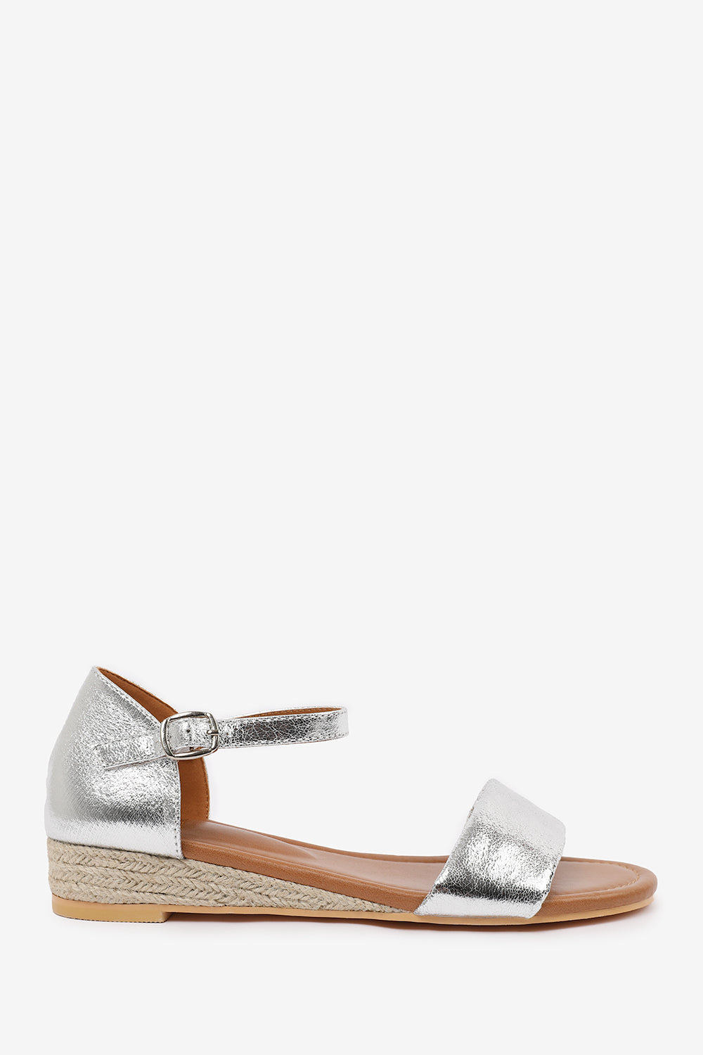 ELEANOR LOW WEDGE SHOES WITH ADJUSTABLE ANKLE STRAP IN SILVER METALLIC FAUX LEATHER