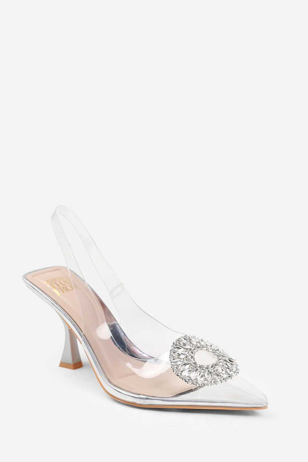 OPAL PERSPEX LOW HEEL SANDALS WITH EMBELLISHED DETAIL IN SILVER CHROME