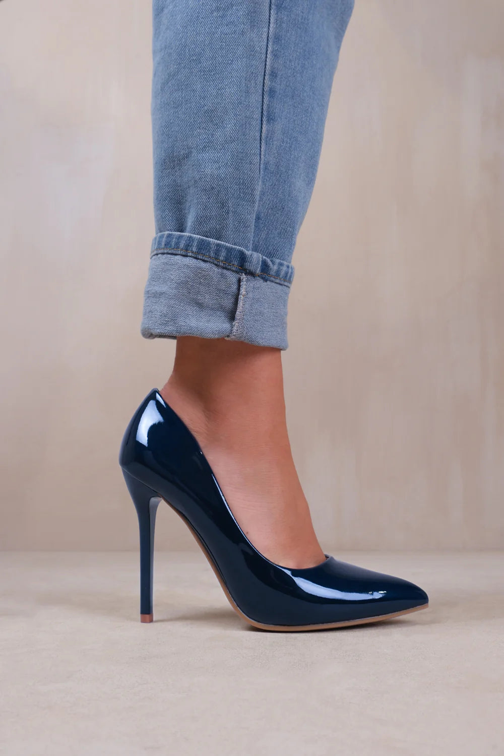 KYRA WIDE FIT HIGH HEEL STILETTO PUMPS IN NAVY PATENT FAUX LEATHER