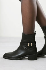 Elvara Black Low Block Heel Ankle Boot With Strap Detail