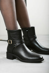 Elvara Black Low Block Heel Ankle Boot With Strap Detail