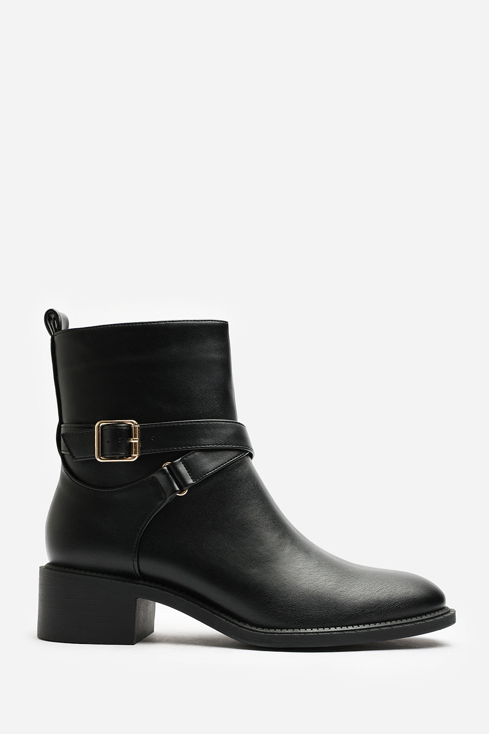 Elvara Black Low Block Heel Ankle Boot With Strap Detail