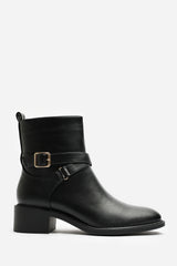Elvara Black Low Block Heel Ankle Boot With Strap Detail