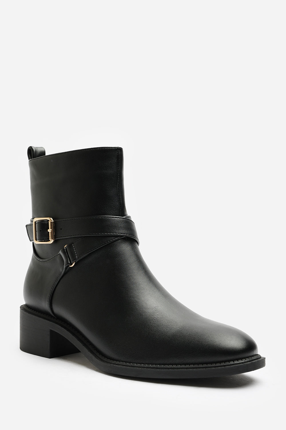 Elvara Black Low Block Heel Ankle Boot With Strap Detail