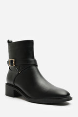 Elvara Black Low Block Heel Ankle Boot With Strap Detail
