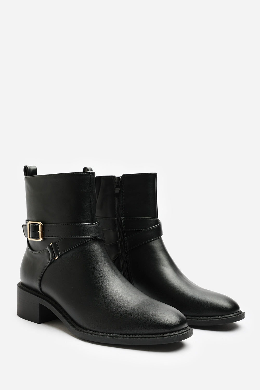 Elvara Black Low Block Heel Ankle Boot With Strap Detail