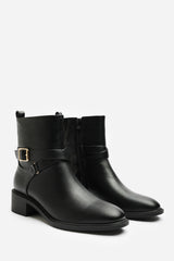 Elvara Black Low Block Heel Ankle Boot With Strap Detail