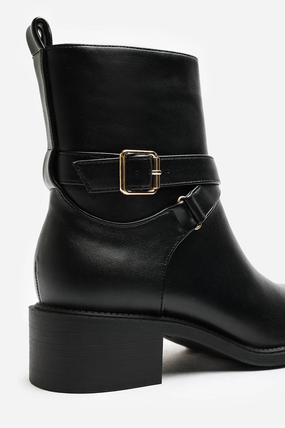 Elvara Black Low Block Heel Ankle Boot With Strap Detail