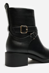 Elvara Black Low Block Heel Ankle Boot With Strap Detail