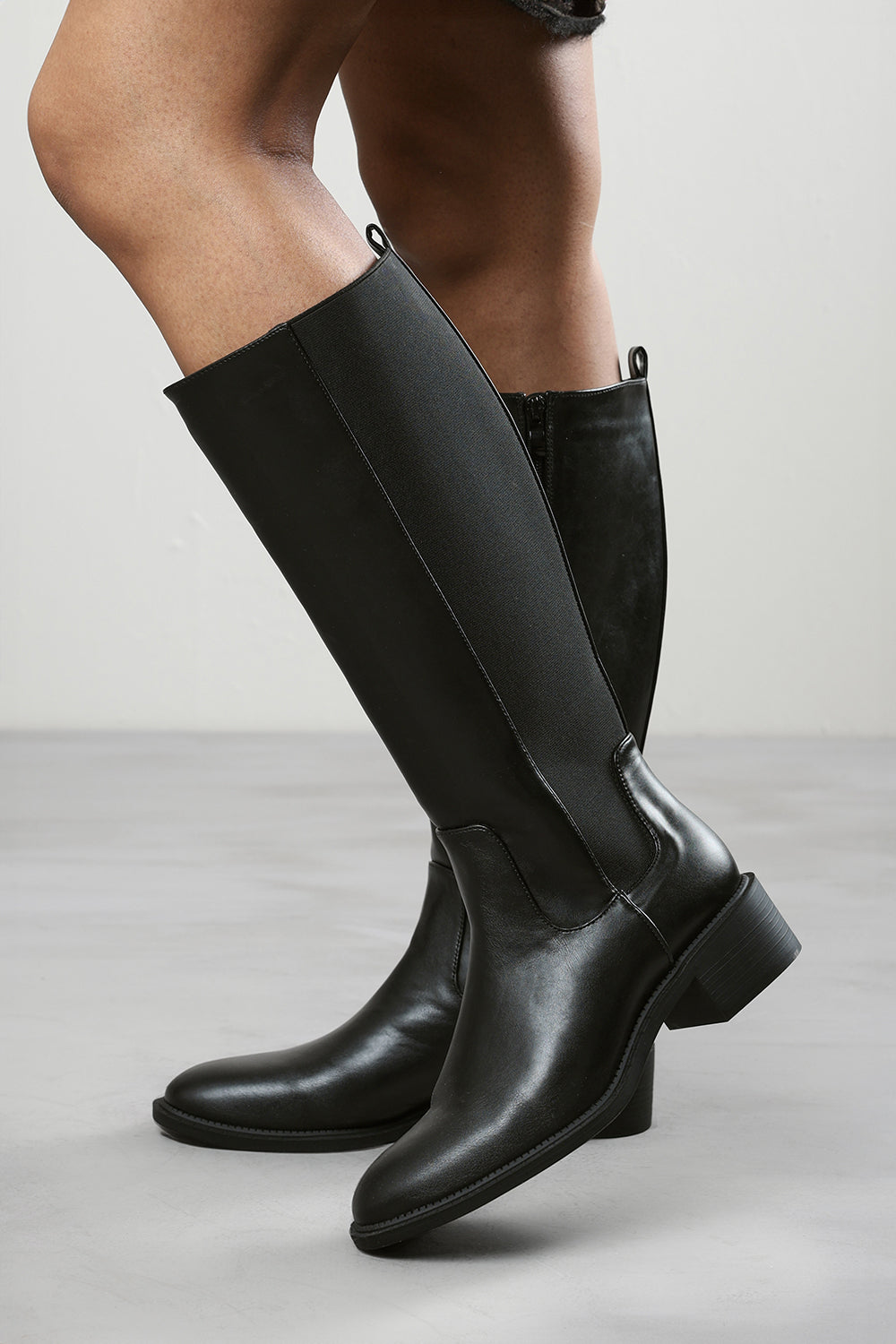 Evara Low Block Heel Elastic Stretch Knee High Riding Boot In Black