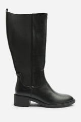 Evara Low Block Heel Elastic Stretch Knee High Riding Boot In Black