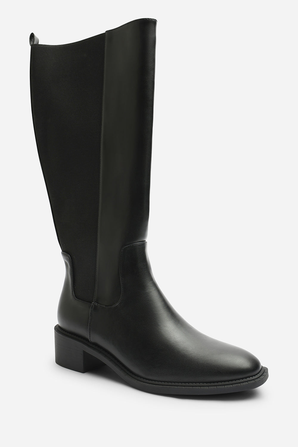 Evara Low Block Heel Elastic Stretch Knee High Riding Boot In Black