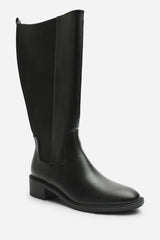 Evara Low Block Heel Elastic Stretch Knee High Riding Boot In Black