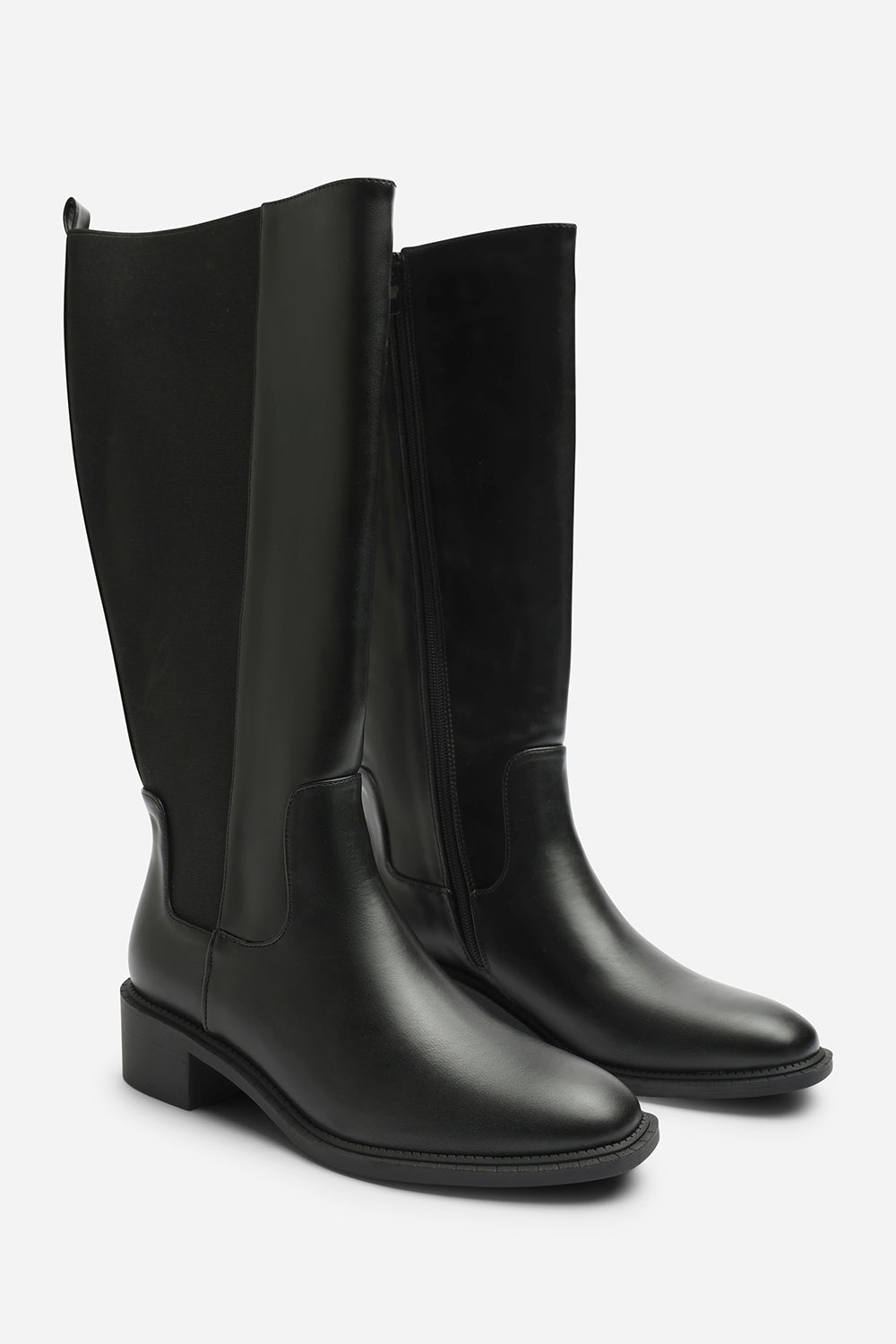 Evara Low Block Heel Elastic Stretch Knee High Riding Boot In Black