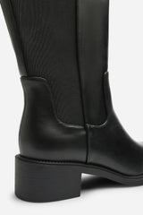 Evara Low Block Heel Elastic Stretch Knee High Riding Boot In Black