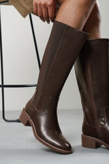 Evara Low Block Heel Elastic Stretch Knee High Riding Boot In Dark Brown