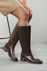 Evara Low Block Heel Elastic Stretch Knee High Riding Boot In Dark Brown