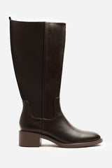Evara Low Block Heel Elastic Stretch Knee High Riding Boot In Dark Brown