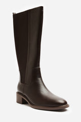 Evara Low Block Heel Elastic Stretch Knee High Riding Boot In Dark Brown